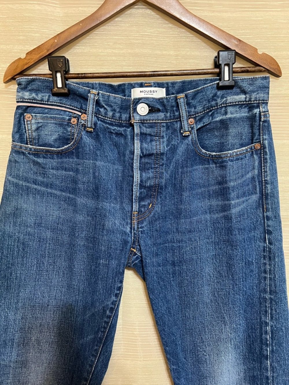 Moussy Vintage Slim Straight Jeans 30” Waist Medium Wash Raw Hem Button Fly - Picture 2 of 10